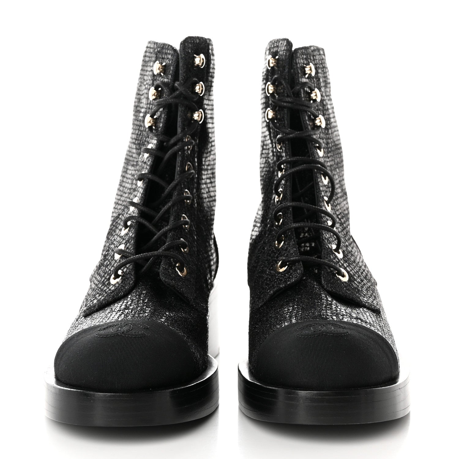 Chanel Fabric Grosgrain CC Combat Short Boots 37.5 Black 2 of 11