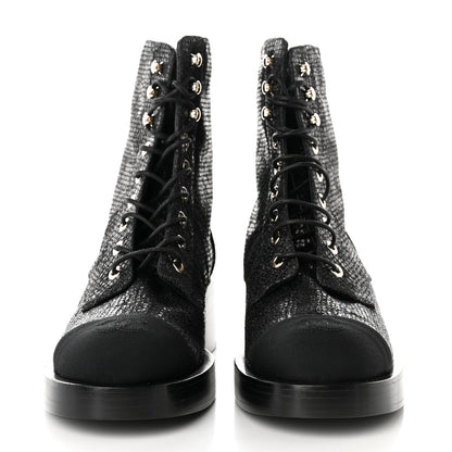 Chanel Fabric Grosgrain CC Combat Short Boots 37.5 Black 2 of 11