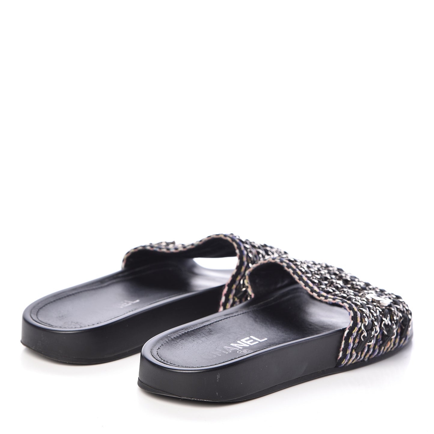 Tweed Lambskin Chain Flat Sandals 38 Black Multicolor
