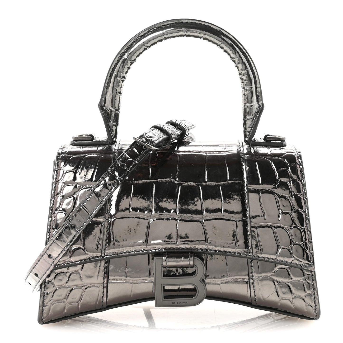 Metallic Shiny Calfskin Crocodile Embossed Hourglass Top Handle Bag XS Gunmetal