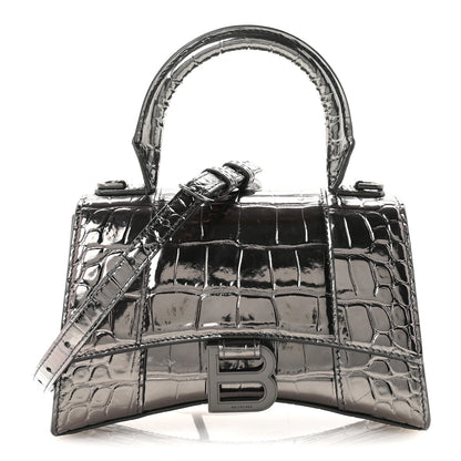 Balenciaga Metallic Shiny Calfskin Crocodile Embossed Hourglass Top Handle Bag XS Gunmetal 1 of 9
