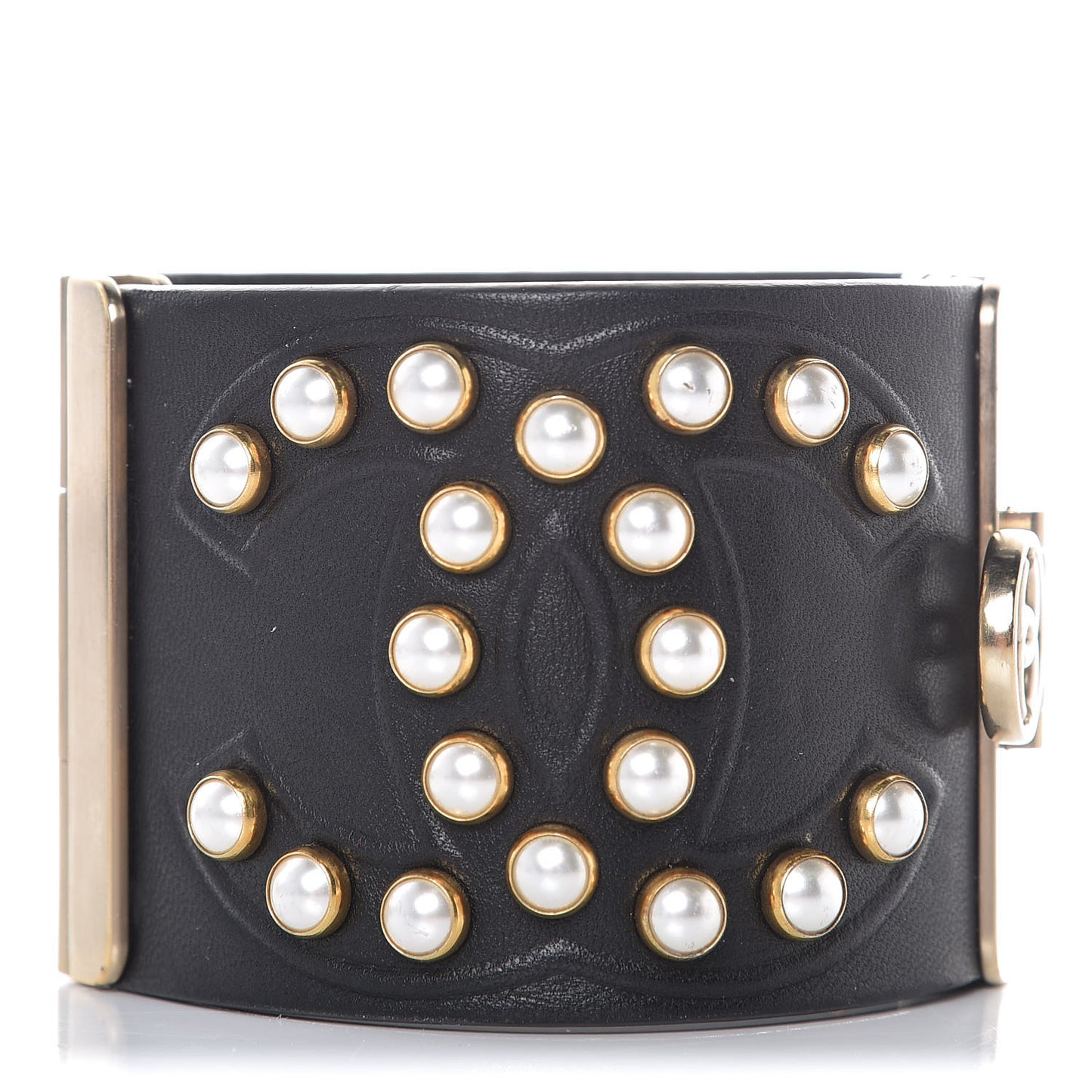 Lambskin Calfskin Pearl CC Cuff Bracelet Black Gold