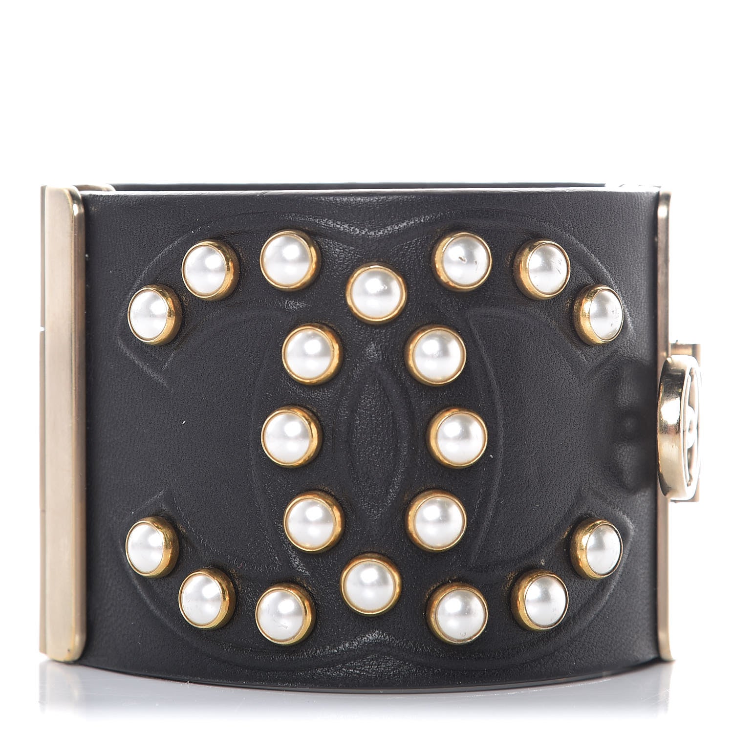 Chanel Lambskin Calfskin Pearl CC Cuff Bracelet Black Gold 1 of 5