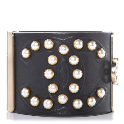 Chanel Lambskin Calfskin Pearl CC Cuff Bracelet Black Gold 1 of 5