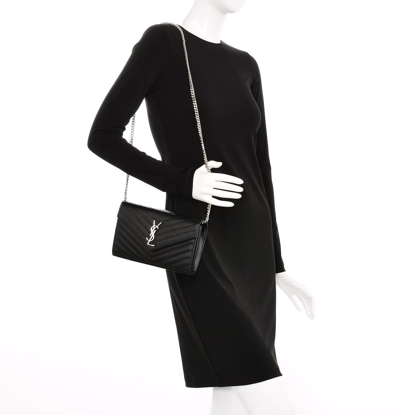 Grain De Poudre Matelasse Chevron Medium Monogram Chain Wallet Black