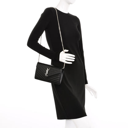 Saint Laurent Grain De Poudre Matelasse Chevron Medium Monogram Chain Wallet Black 2 of 6