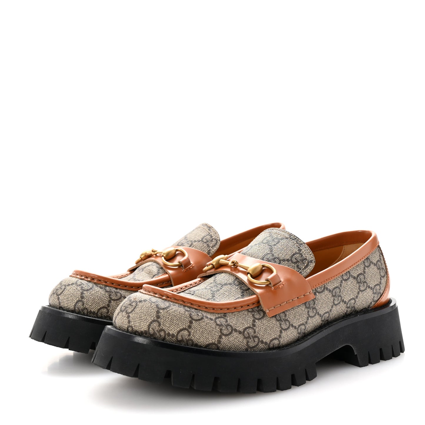 GG Supreme Monogram Cordovan Lux Womens Harald Horsebit 25mm Platform Loafers 39.5 Beige Ebony