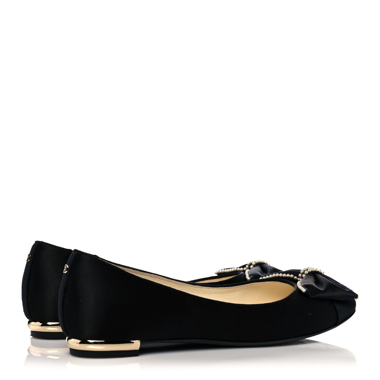 Satin Grosgrain Pearl Bow Ballerina Cap Toe Flats 38.5 Black