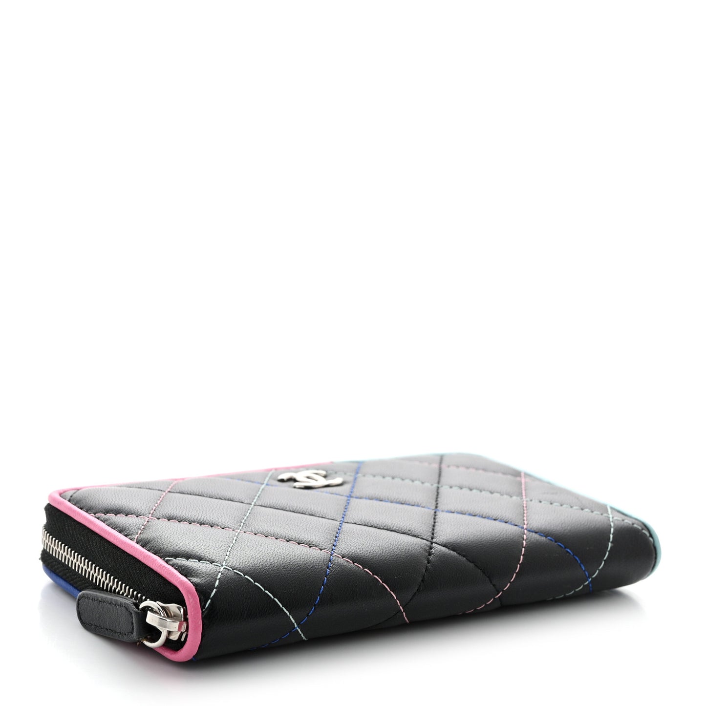 Lambskin Quilted Small Gusset Zip Around Wallet Black Pink Light Blue
