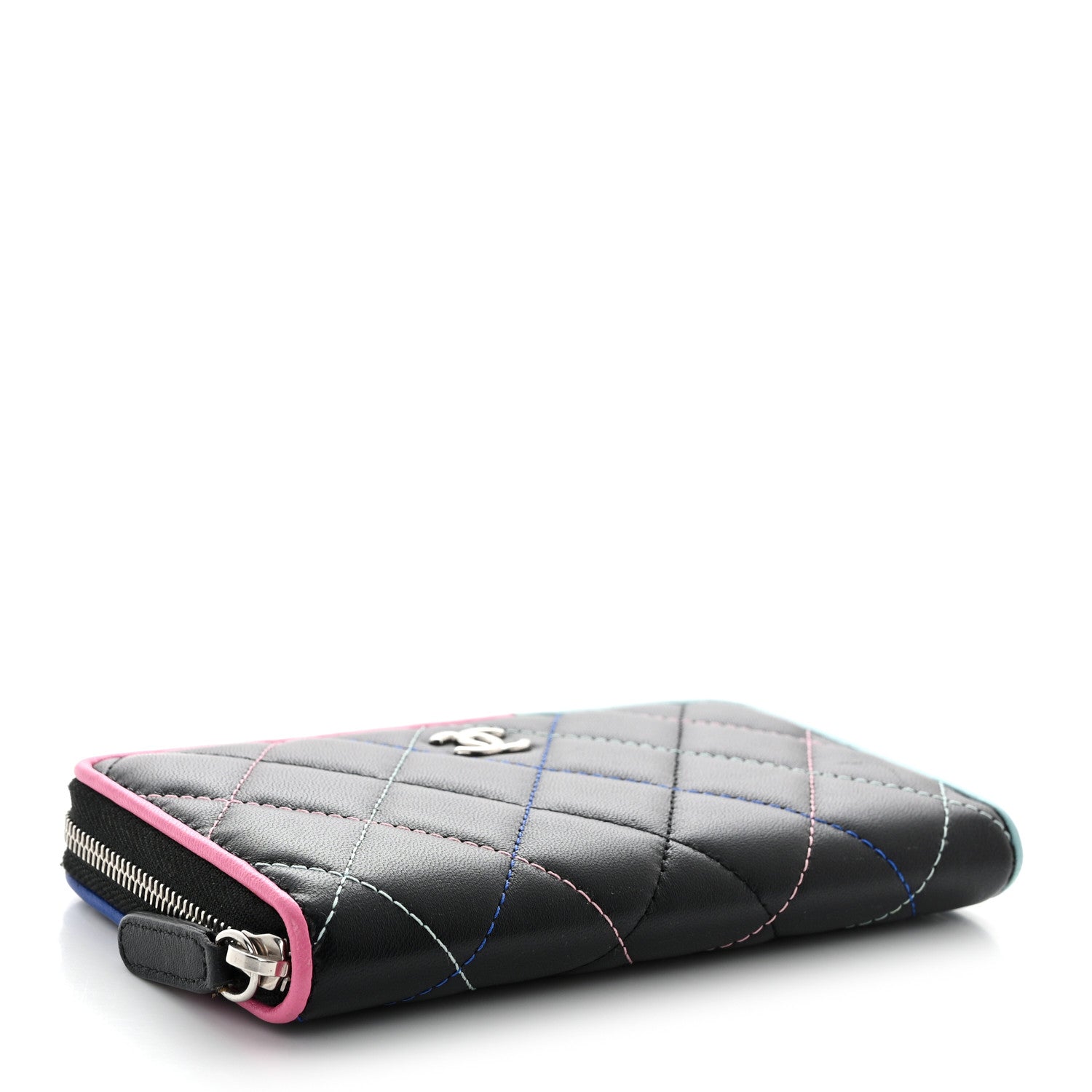 Chanel Lambskin Quilted Small Gusset Zip Around Wallet Black Pink Light Blue 4 of 9