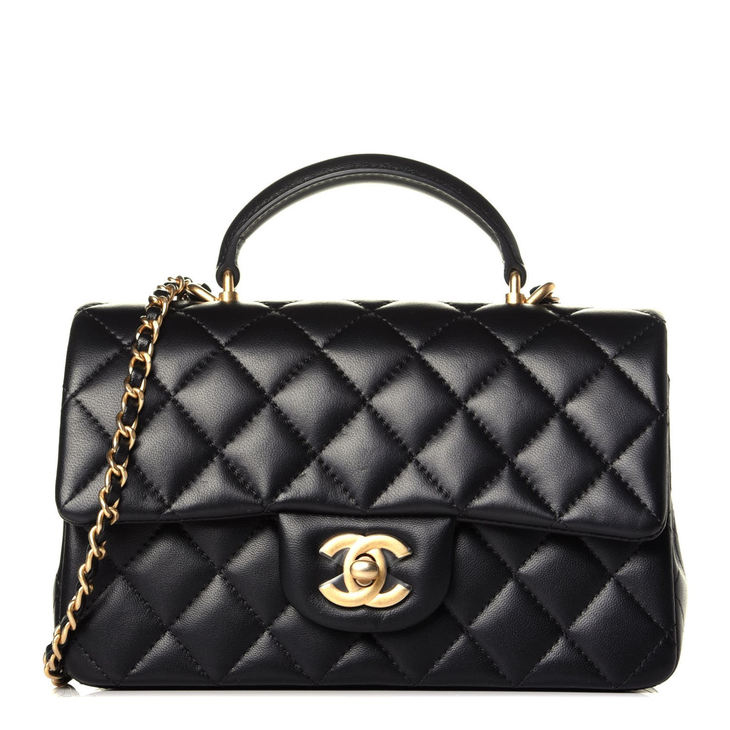 Lambskin Quilted Mini Top Handle Rectangular Flap Black