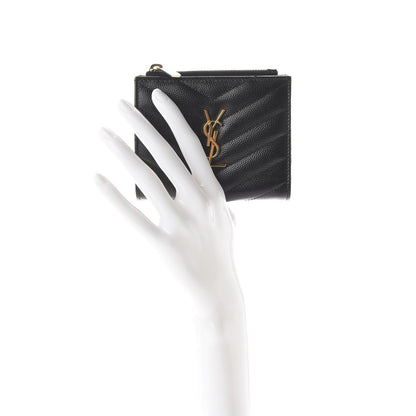 Saint Laurent Grain De Poudre Matelasse Chevron Monogram Zipped Card Case Black 2 of 7