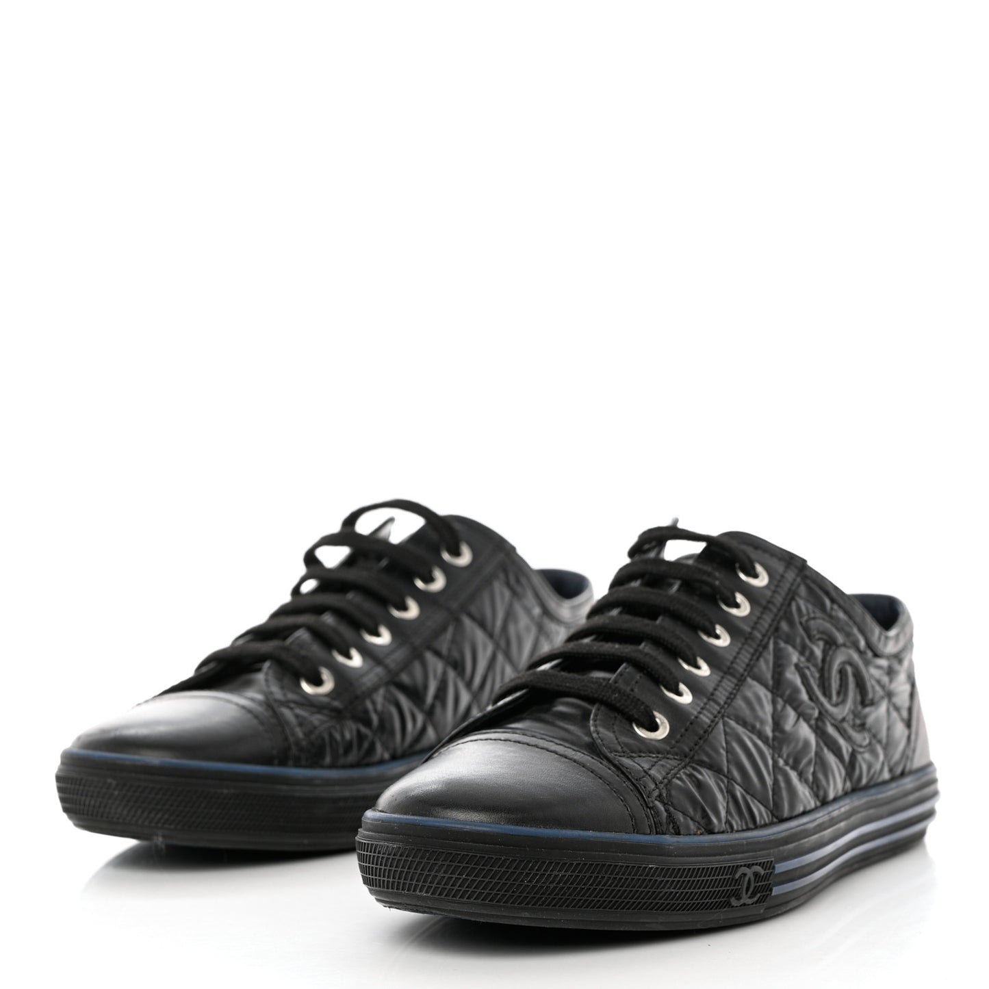 Nylon Calfskin Quilted CC Sneakers 37 Black Blue
