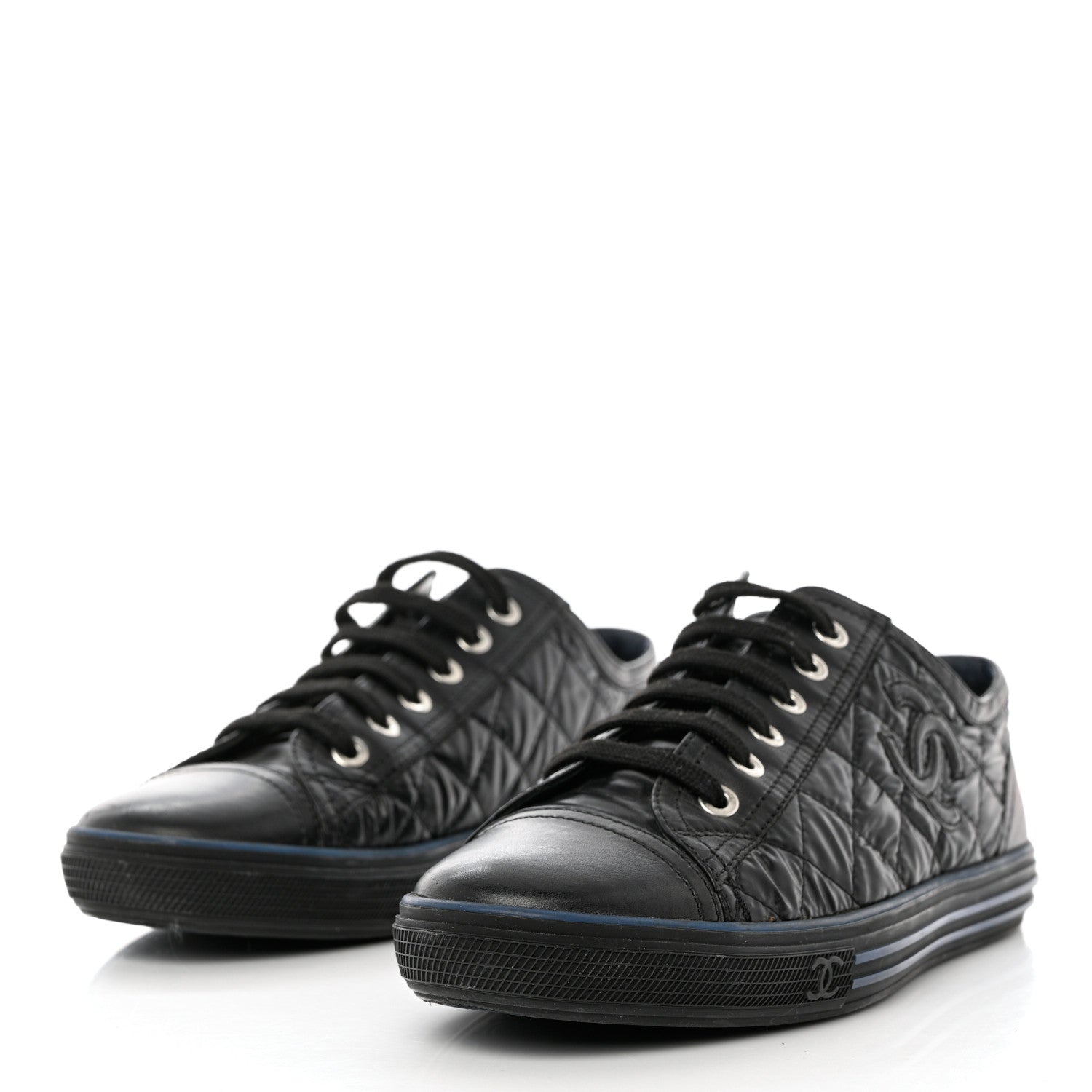 Chanel Nylon Calfskin Quilted CC Sneakers 37 Black Blue 3 of 11