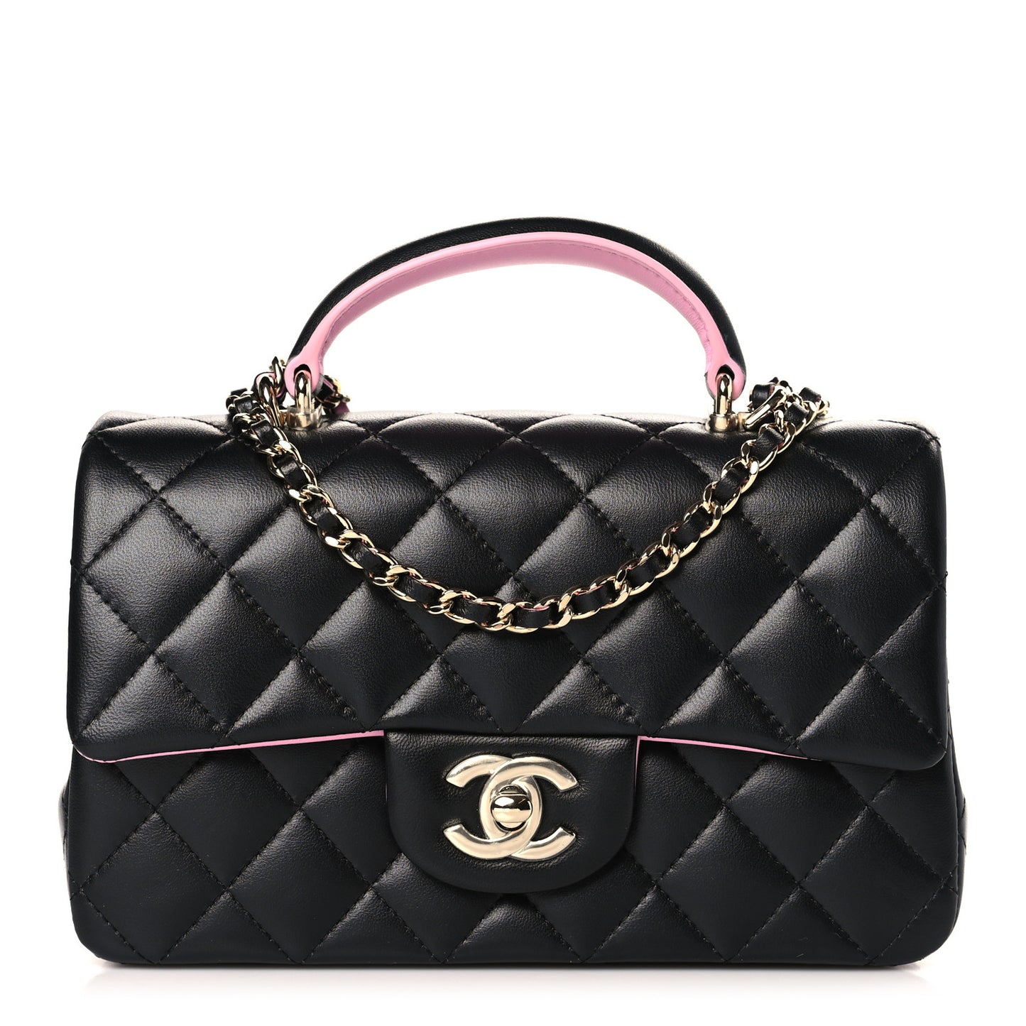 Lambskin Quilted Bi-Color Mini Top Handle Rectangular Flap Black Lilac