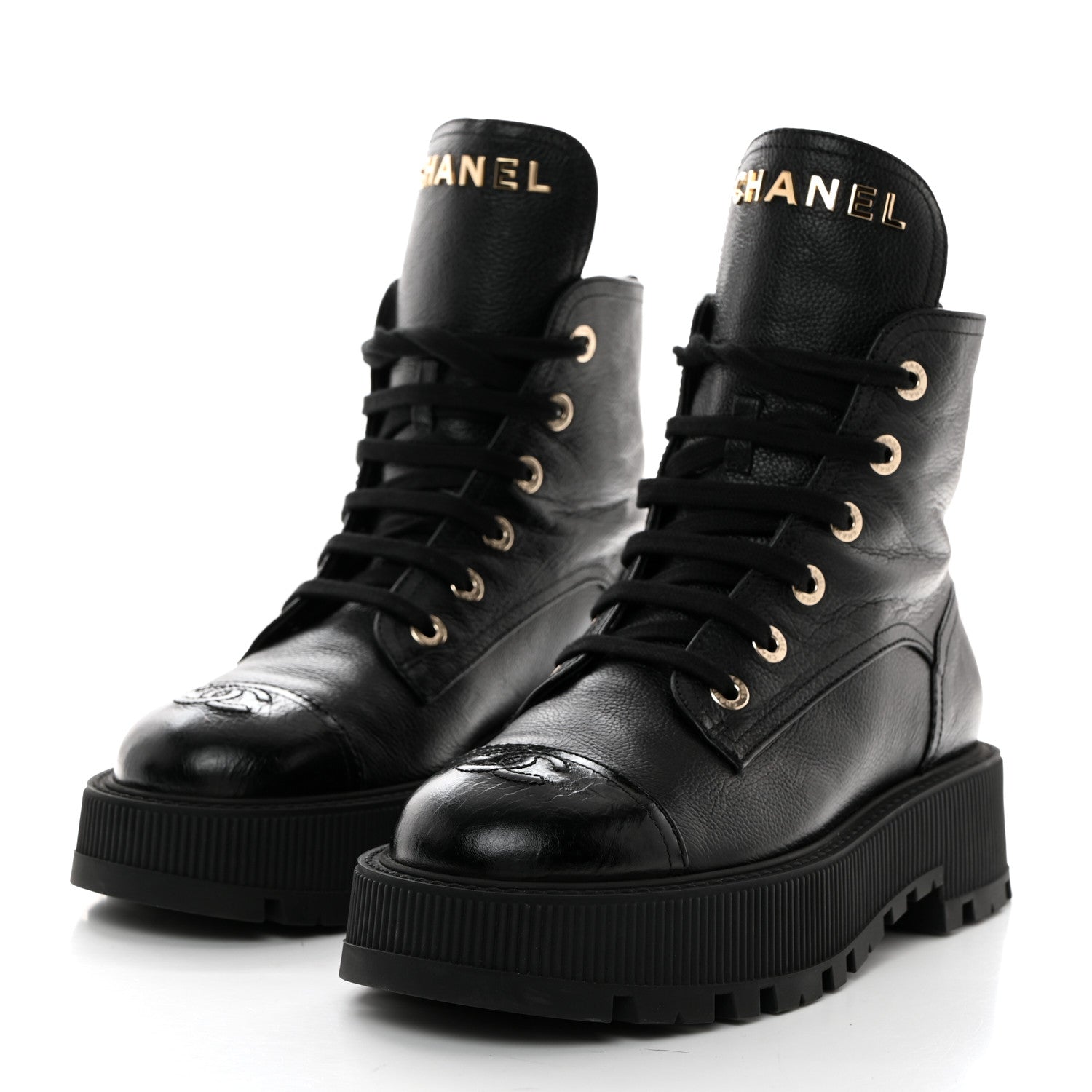 Chanel Grained Calfskin Shiny Calfskin CC Lace Up Combat Boots 39.5 Black 3 of 8