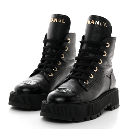 Chanel Grained Calfskin Shiny Calfskin CC Lace Up Combat Boots 39.5 Black 3 of 8