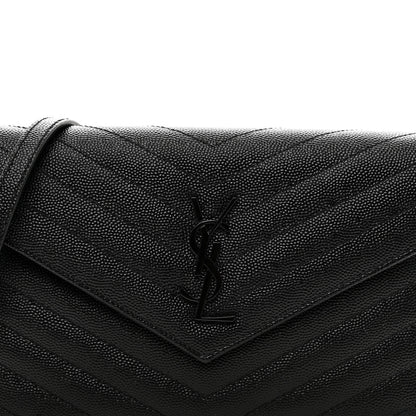 Saint Laurent Grain De Poudre Matelasse Chevron Monogram Monochrome Envelope Chain Wallet Black 5 of 9