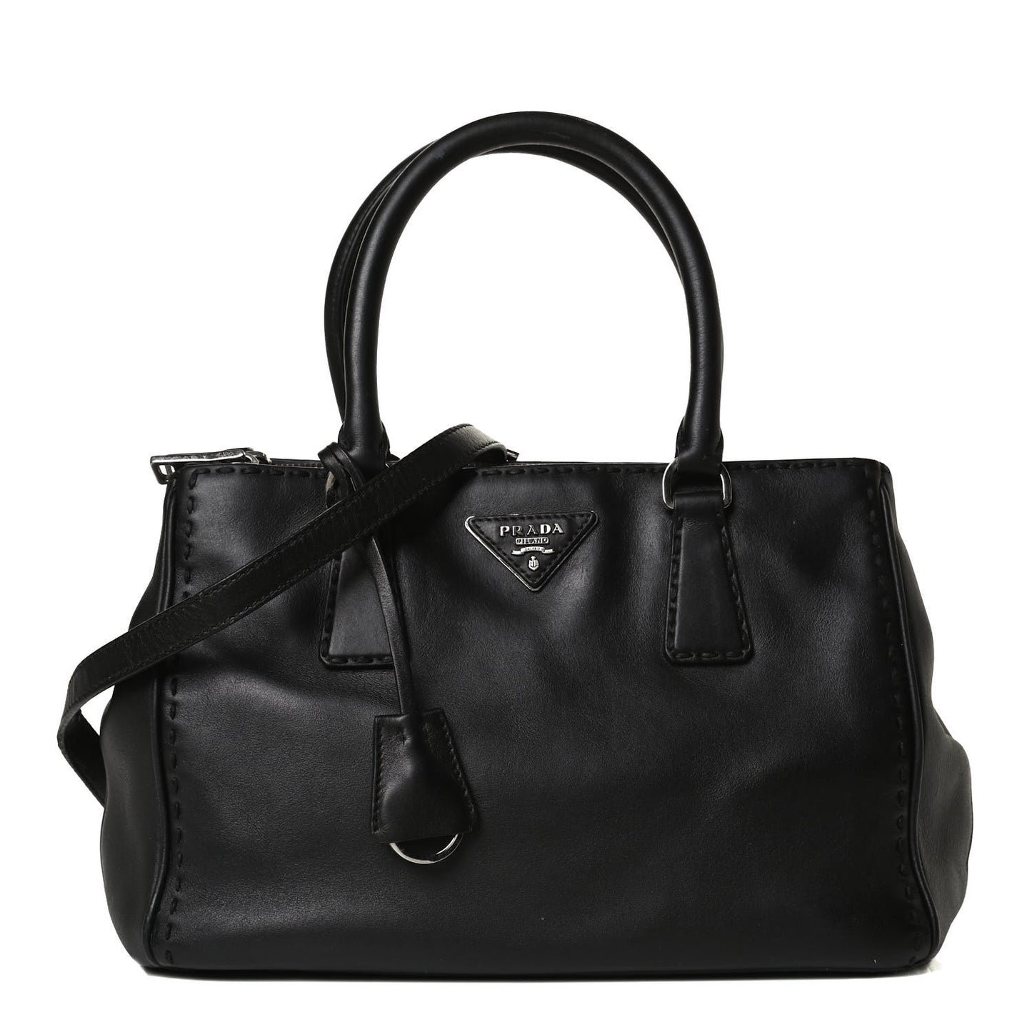 City Calf Hand Stitched Small Galleria Double Zip Tote Black