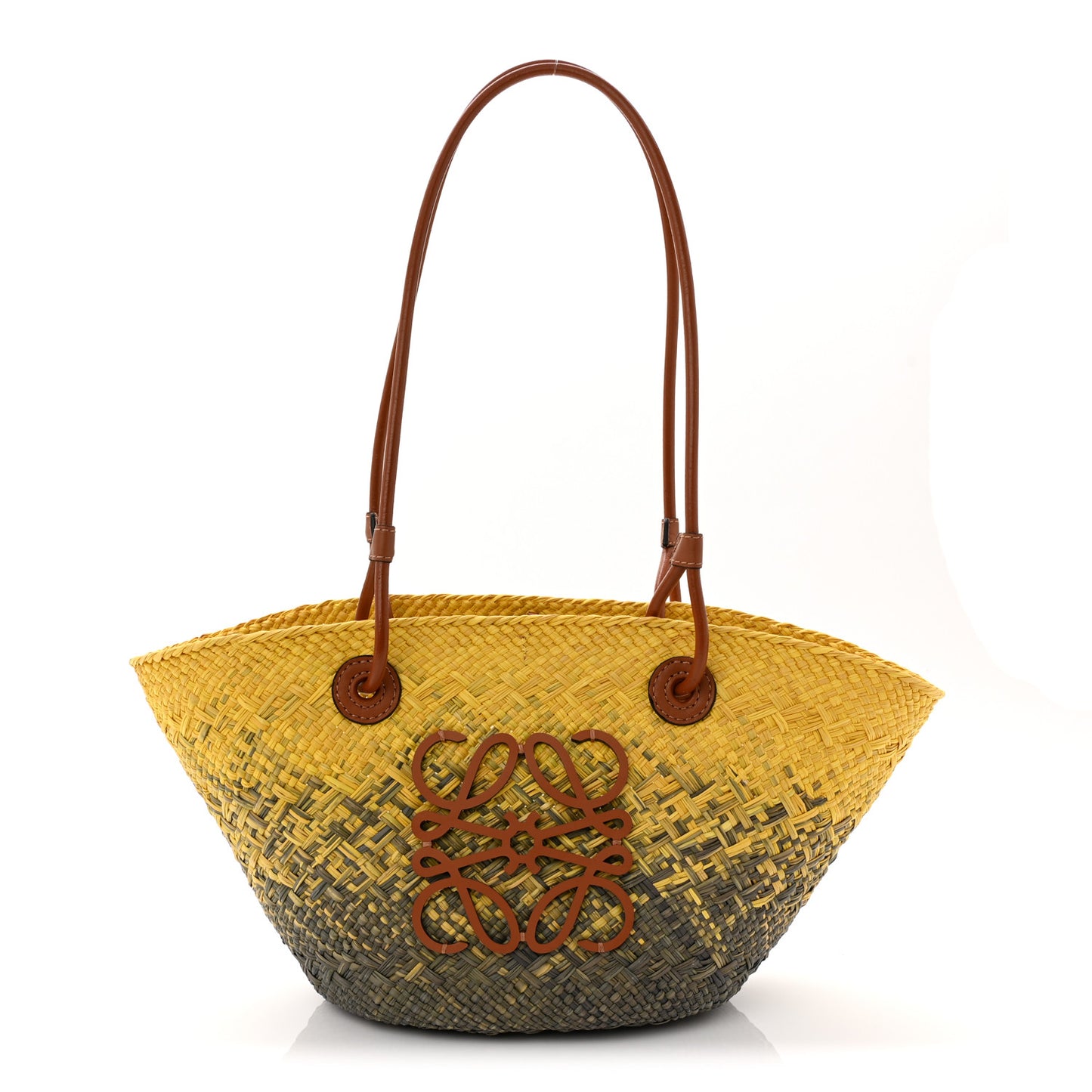 Calfskin Raffia Paulas Ibiza Small Anagram Basket Tote Bag Yellow Green