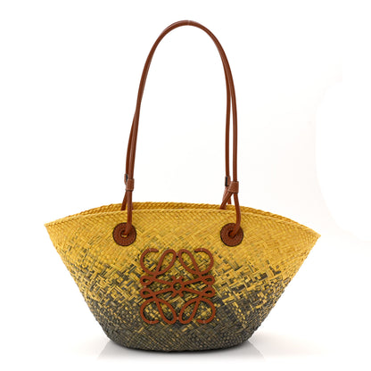 Loewe Calfskin Raffia Paulas Ibiza Small Anagram Basket Tote Bag Yellow Green 1 of 10