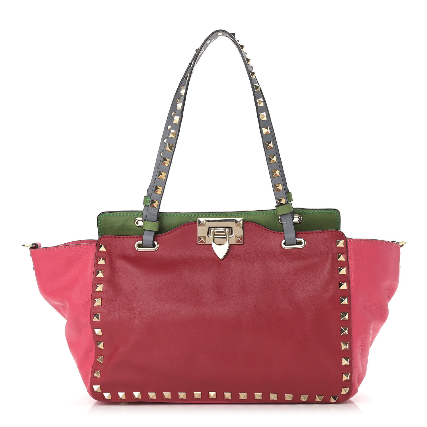 Valentino Garavani Vitello Colorblock Small Rockstud Tote Deep Rose Clover Grey Scarlet 1 of 17