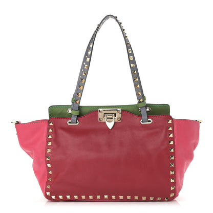 Valentino Garavani Vitello Colorblock Small Rockstud Tote Deep Rose Clover Grey Scarlet 1 of 17