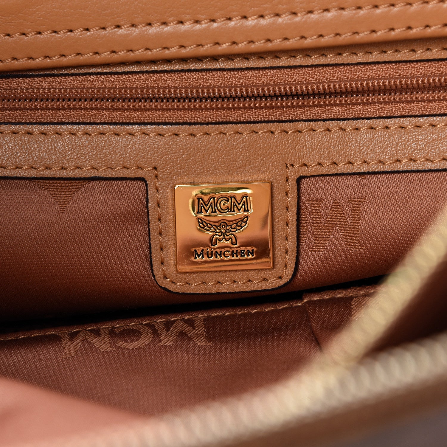 MCM Visetos Calfskin Crocodile Embossed Double Zip Tote Cognac 6 of 12