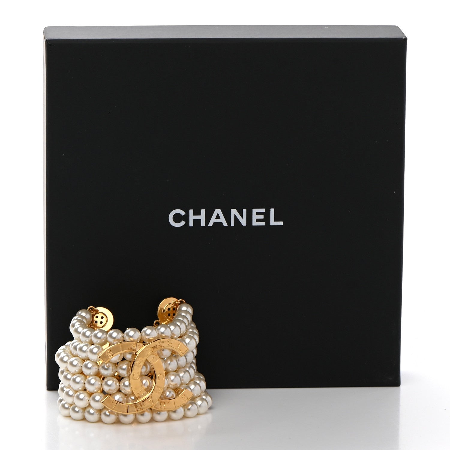 Chanel Pearl Metal CC Paris Button Multistrand Bracelet Gold White 5 of 5