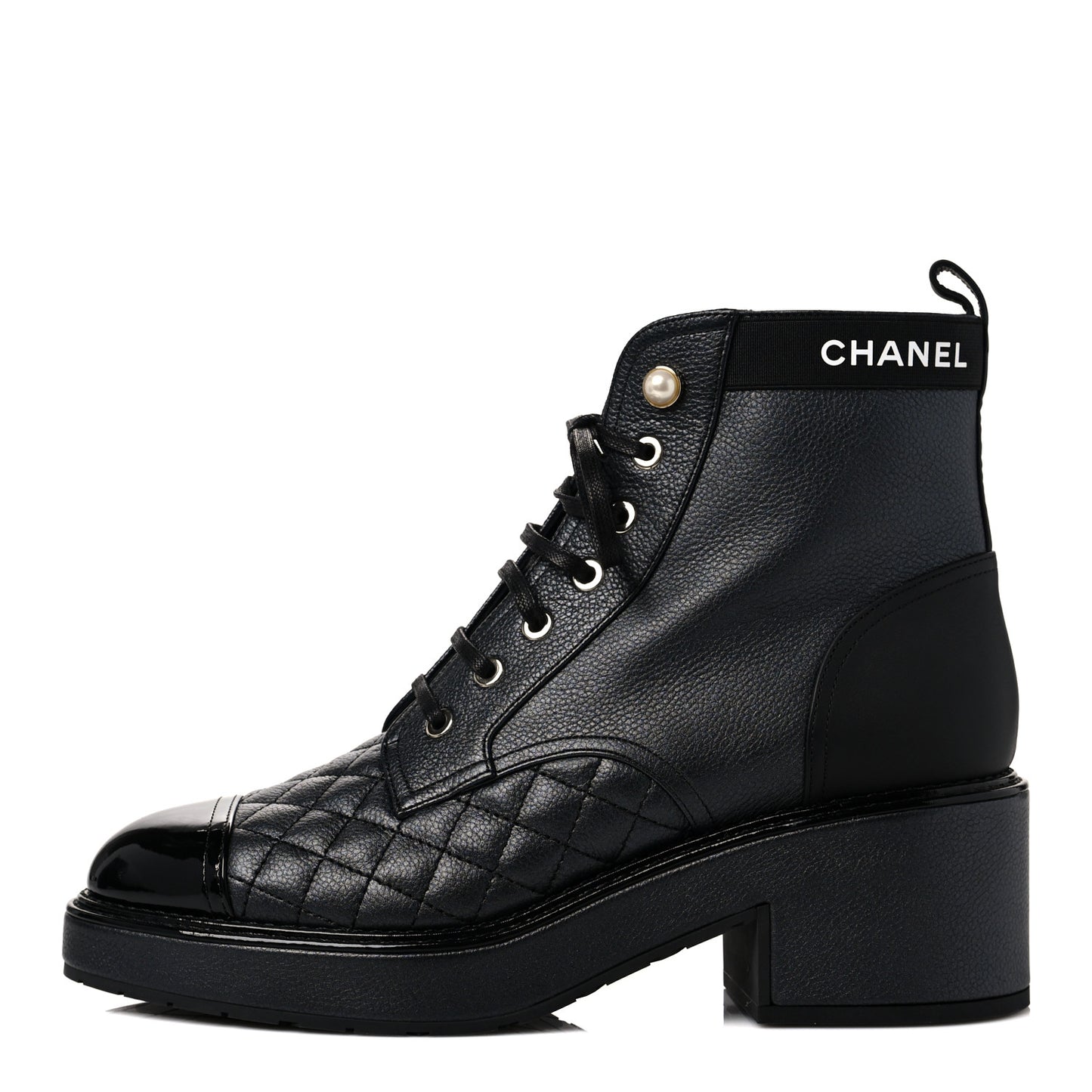 Pearly Calfskin Patent Calfskin Lace Up Combat Boots 39.5 Black