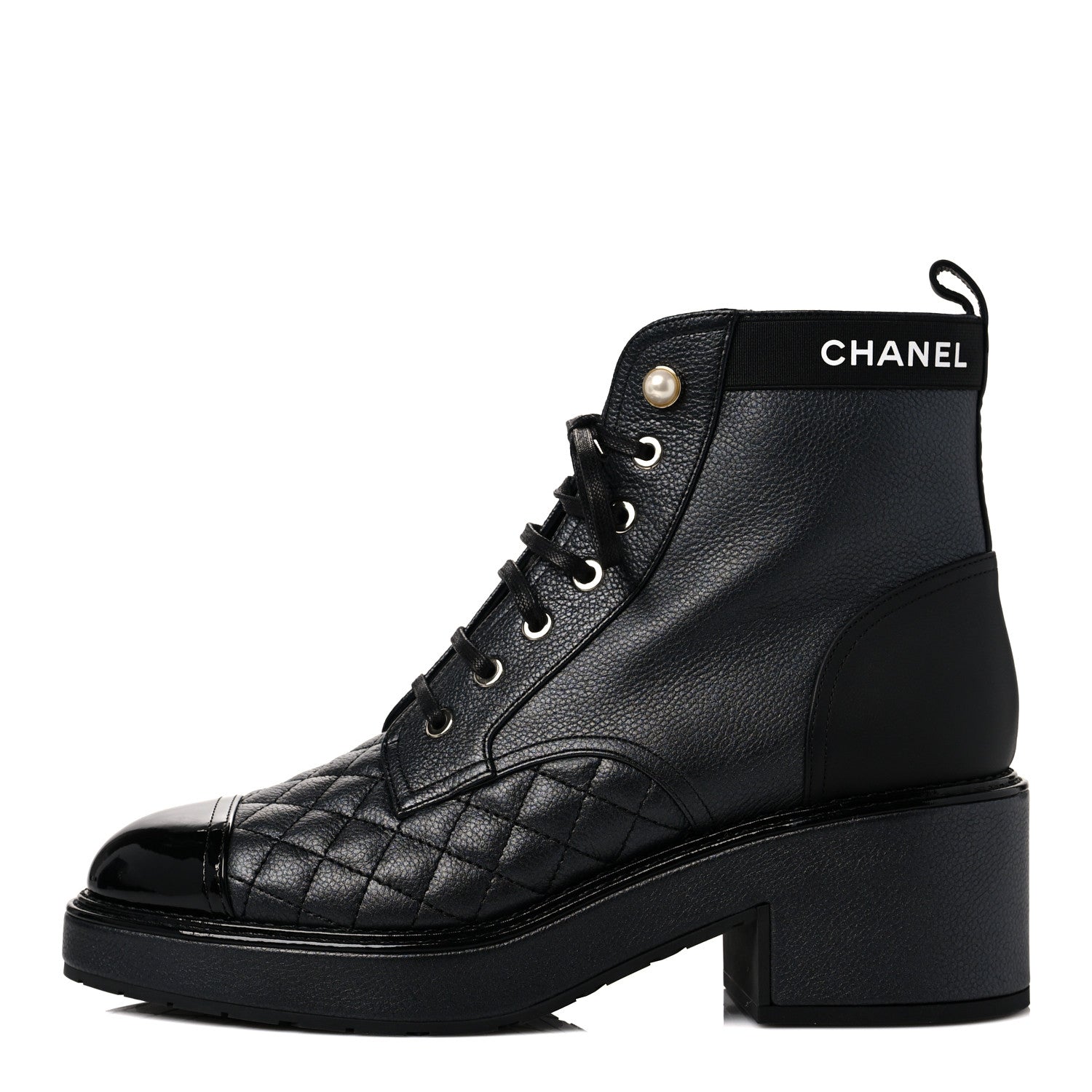 Chanel Pearly Calfskin Patent Calfskin Lace Up Combat Boots 39.5 Black 1 of 8