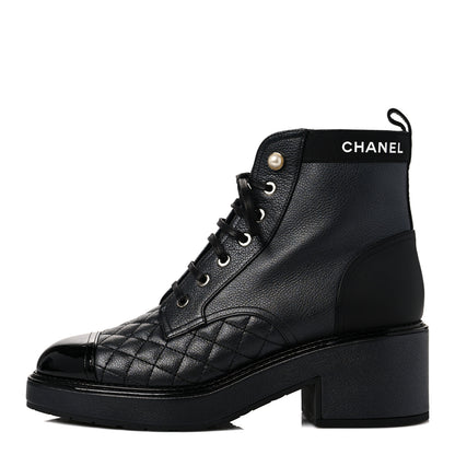 Chanel Pearly Calfskin Patent Calfskin Lace Up Combat Boots 39.5 Black 1 of 8