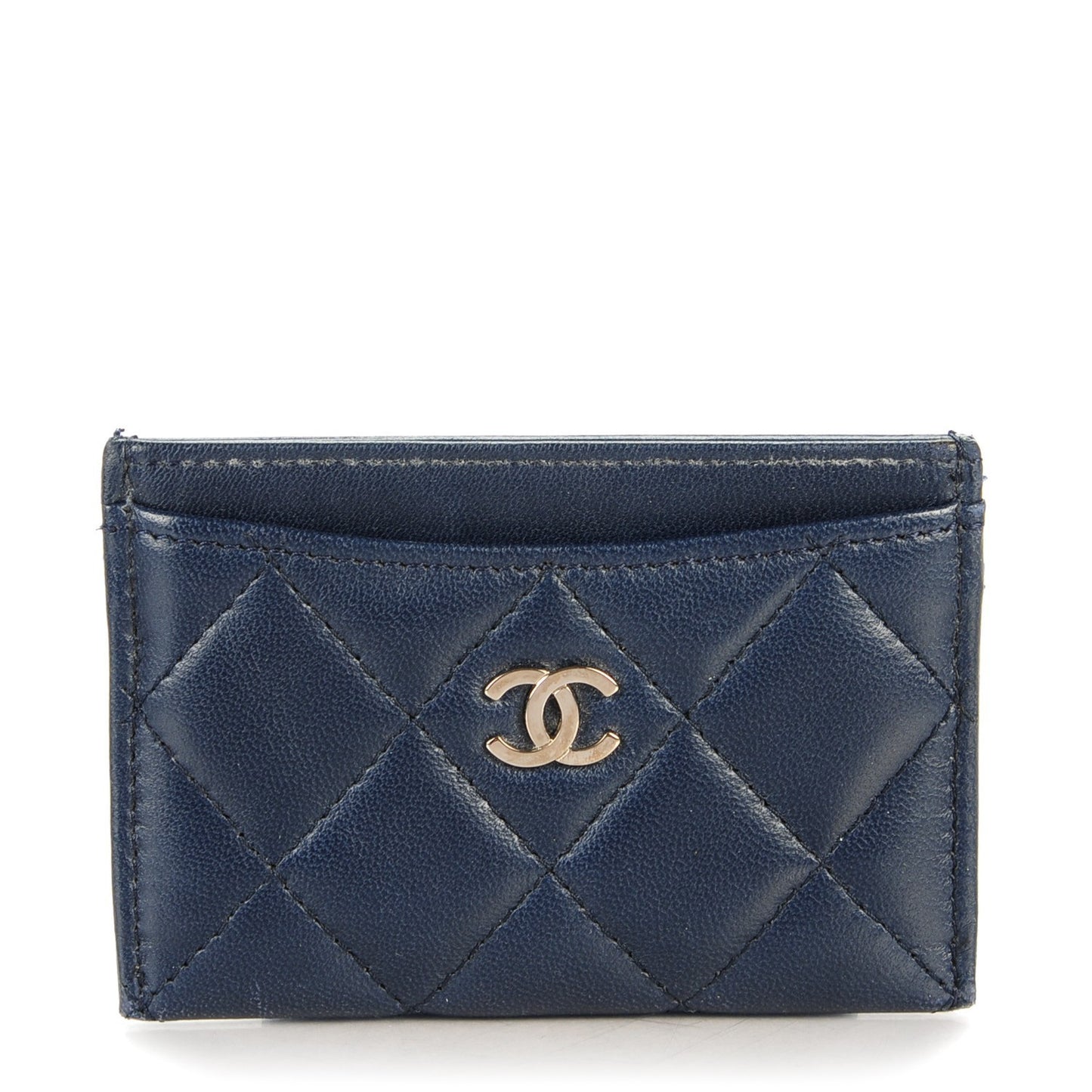Lambskin Quilted Card Holder Navy Blue
