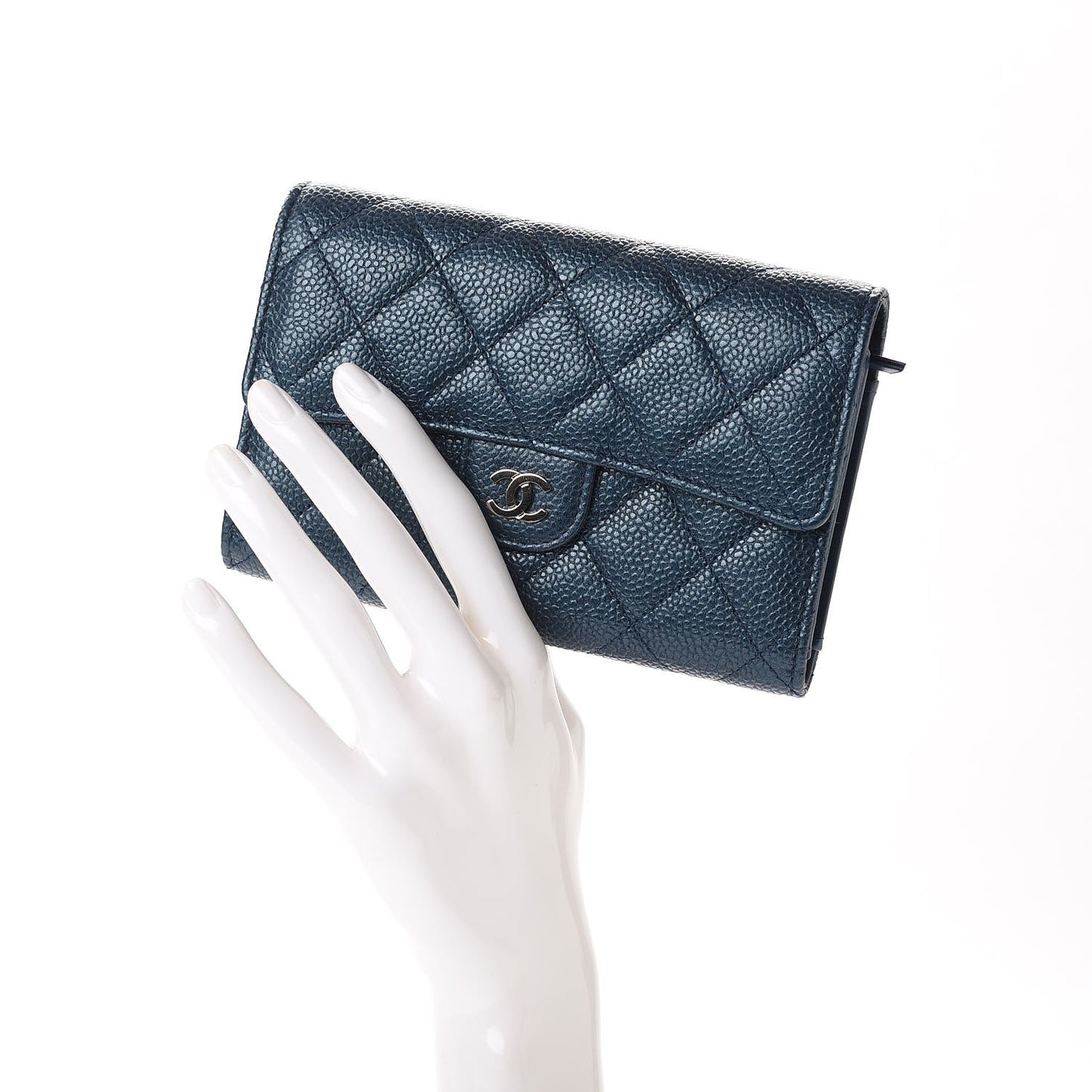 Metallic Caviar Quilted Medium Flap Wallet Dark Blue