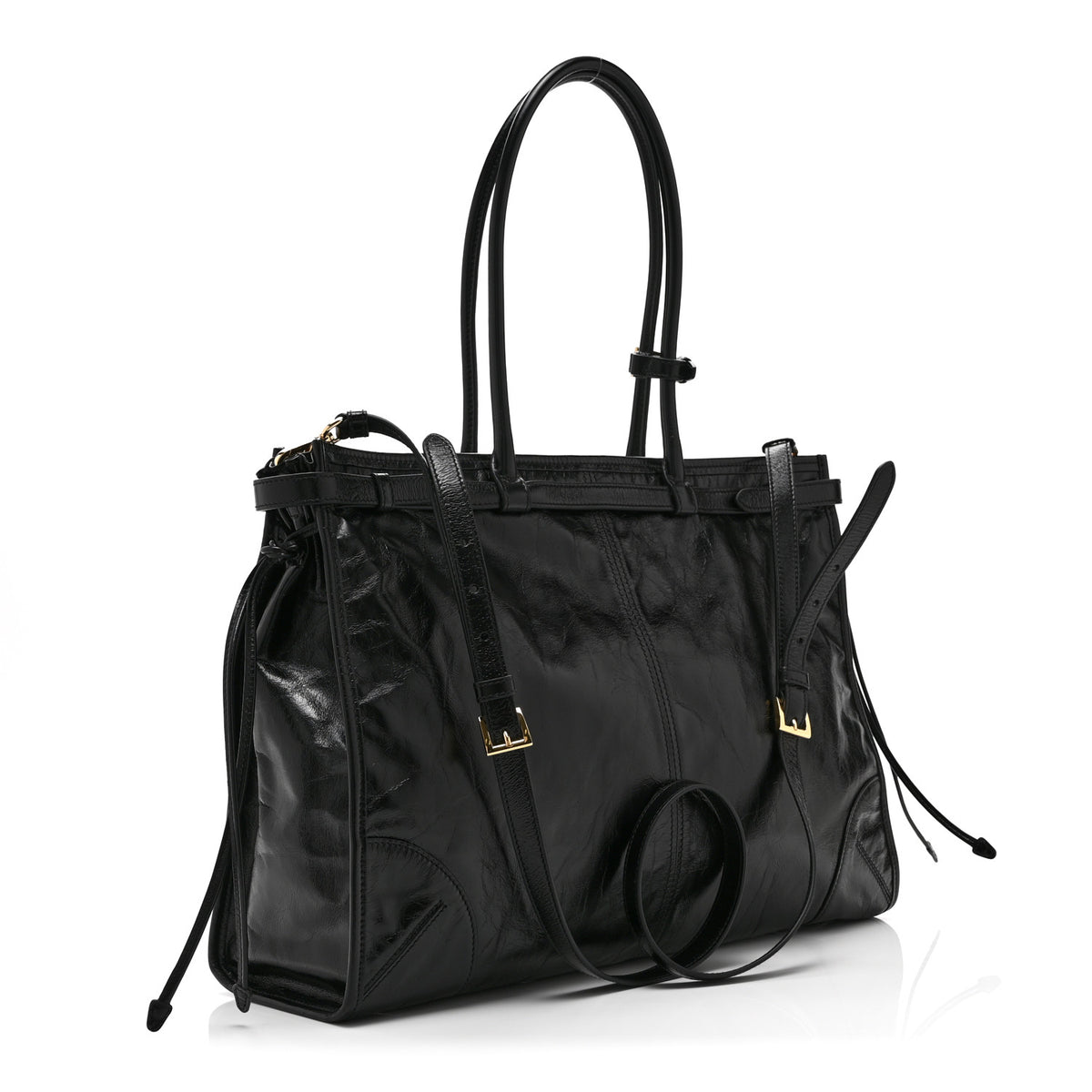 Prada Glossy Calfskin Triangle Large Bonnie Shoulder Bag Black 3 of 10