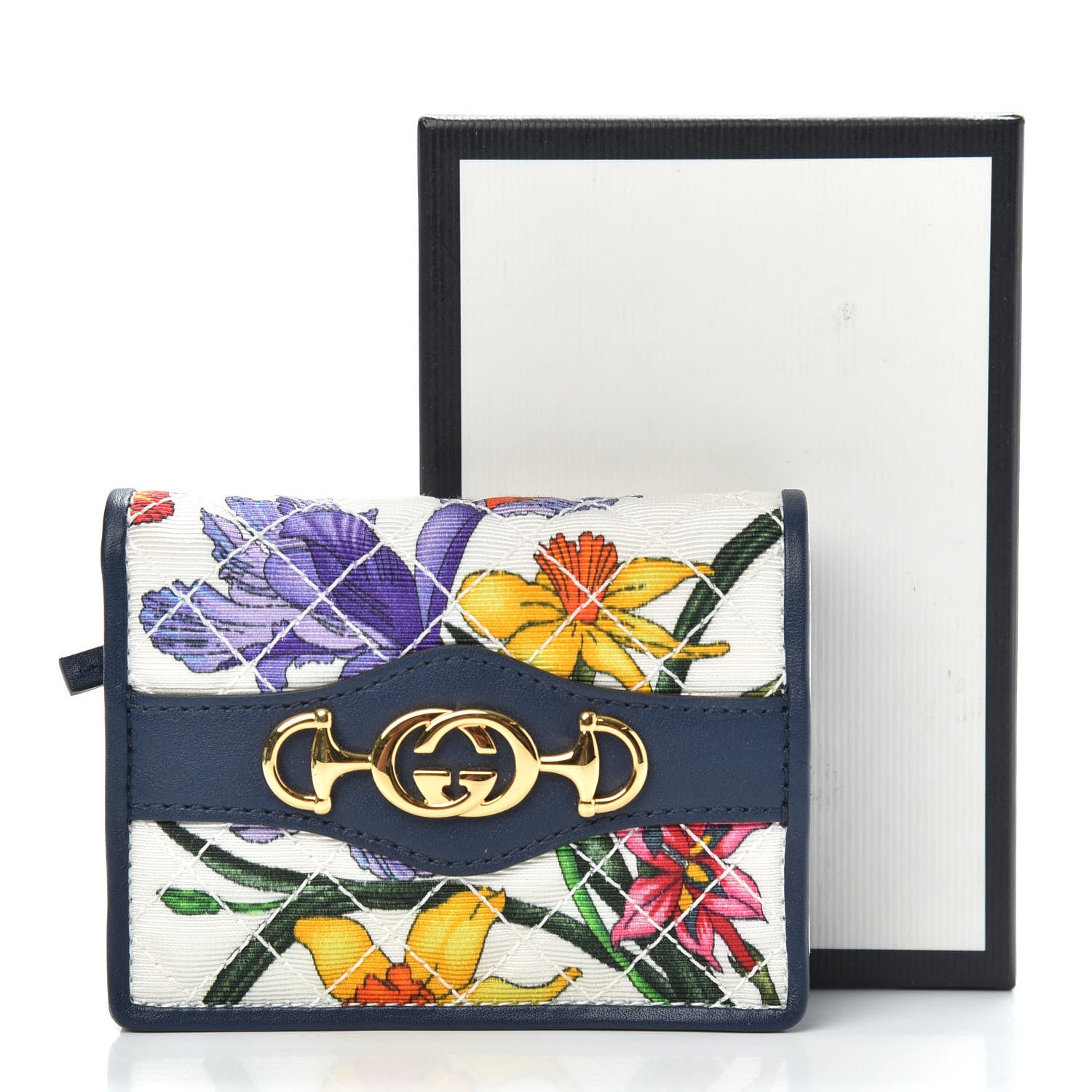 Gucci Canvas Flora Floral Trapuntata Zumi Card Case Wallet Great White Multicolor Blue Agata 7 of 7