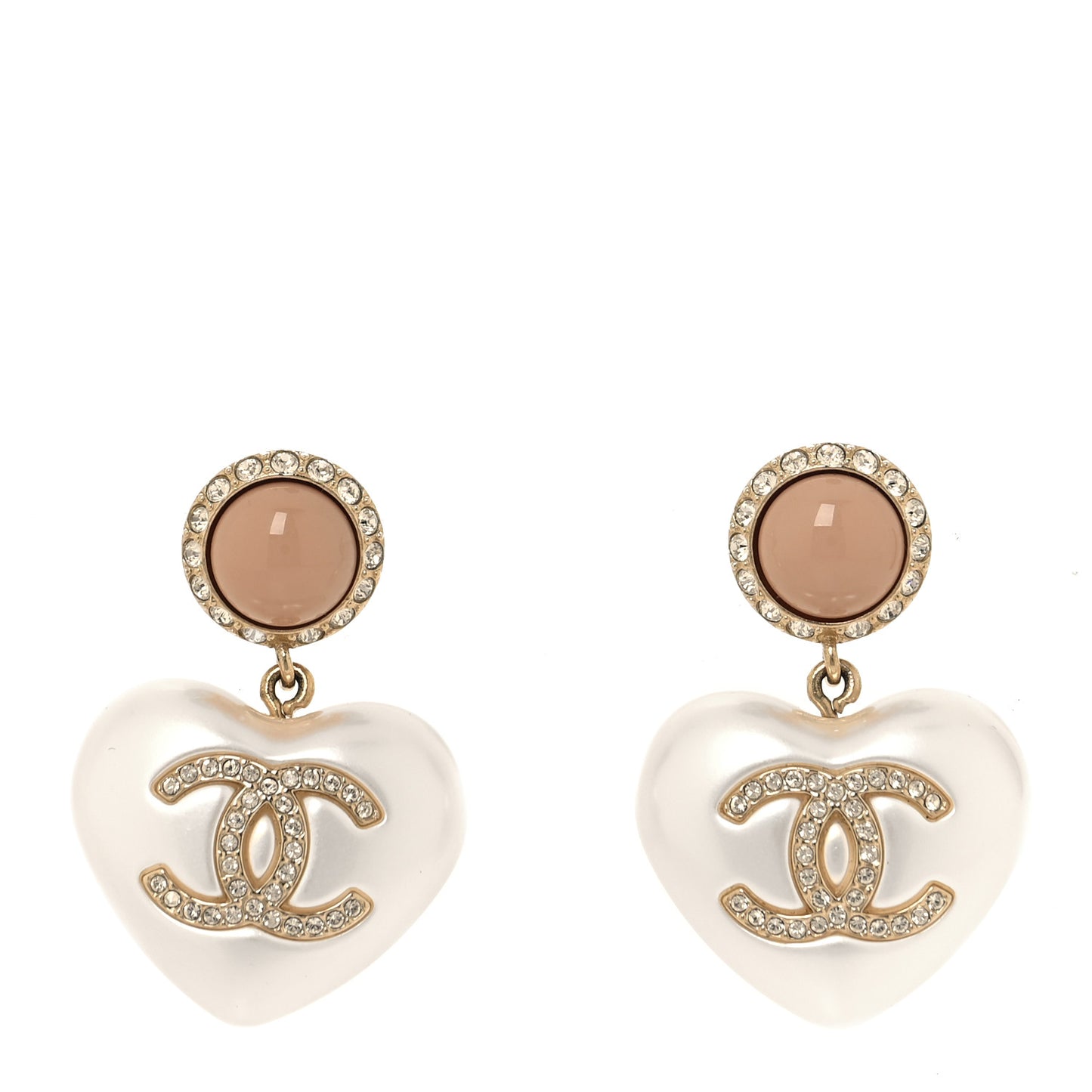 Pearl Resin Crystal CC Heart Drop Earrings Pink Gold