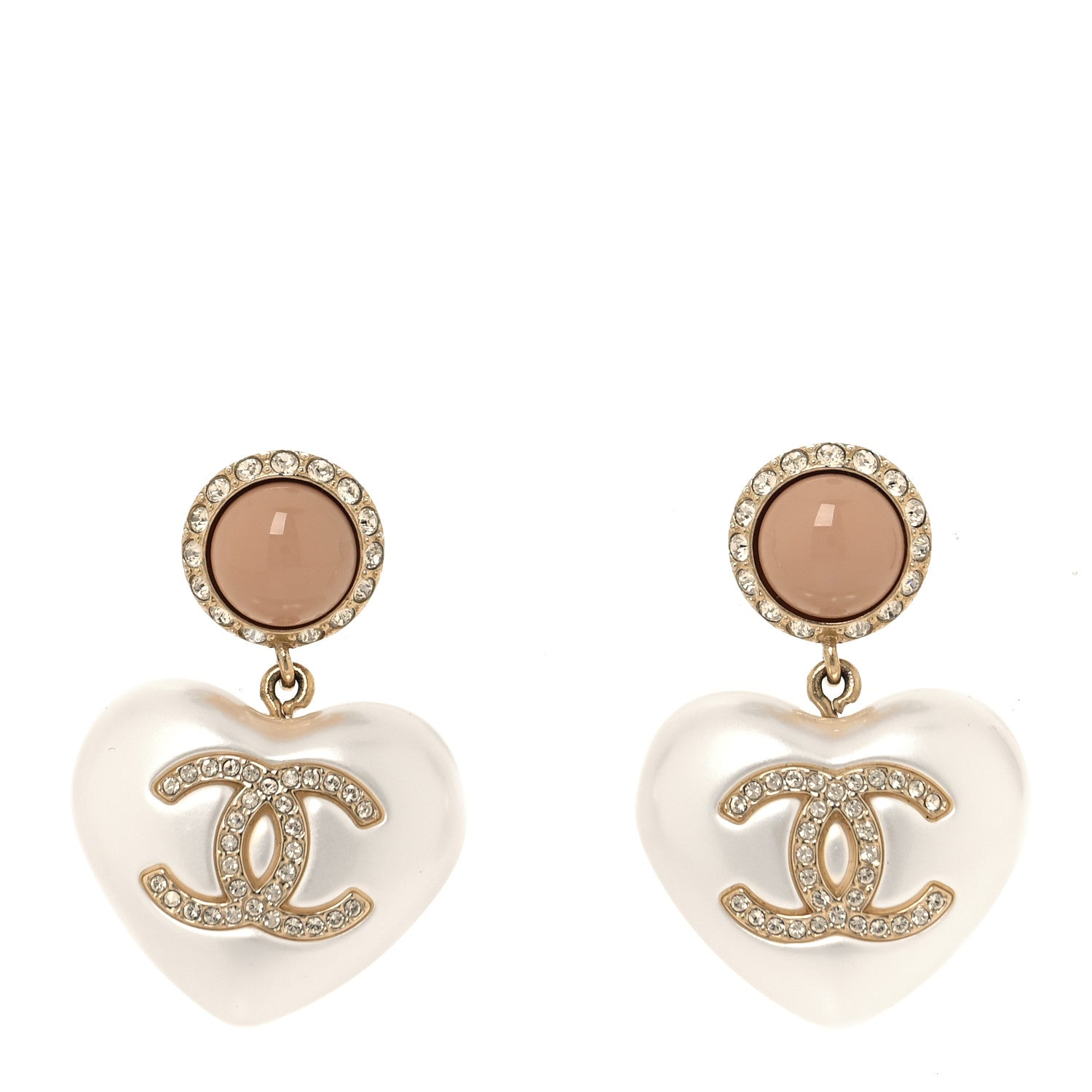 Chanel Pearl Resin Crystal CC Heart Drop Earrings Pink Gold 1 of 5