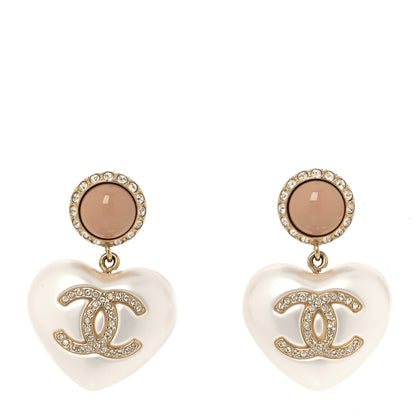 Chanel Pearl Resin Crystal CC Heart Drop Earrings Pink Gold 1 of 5