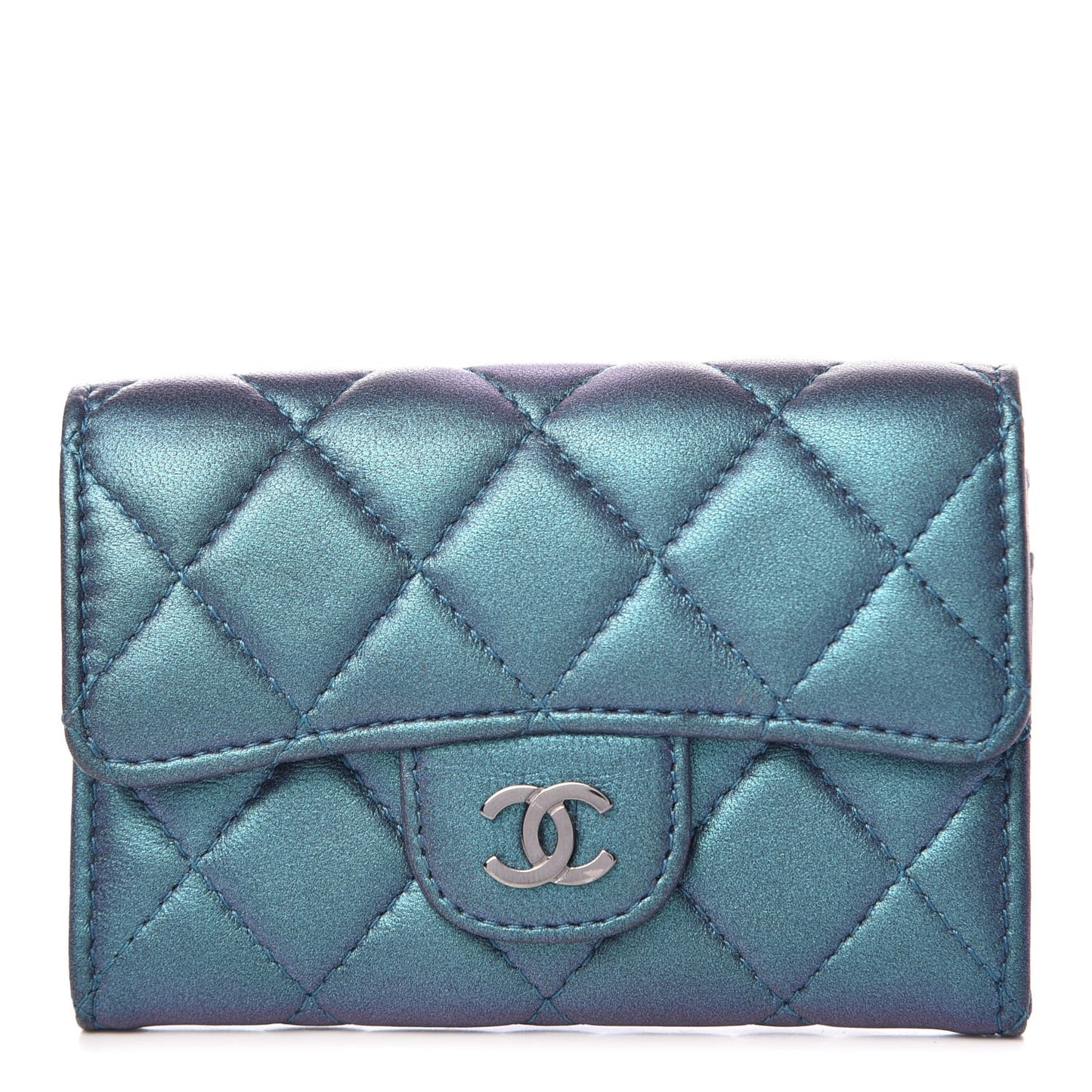 Iridescent Lambskin Quilted Card Holder Blue