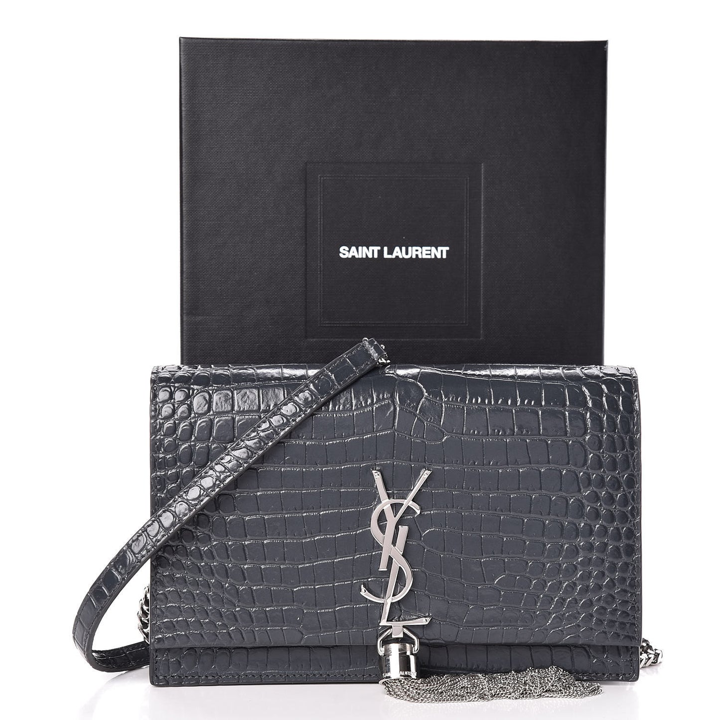 Calfskin Crocodile Embossed Kate Monogram Tassel Chain Wallet Dark Smog