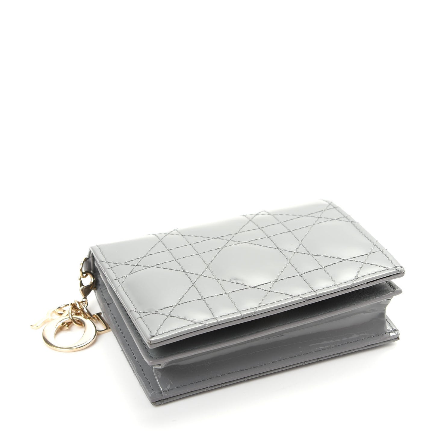 Patent Cannage Mini Lady Dior Wallet Gray Stone