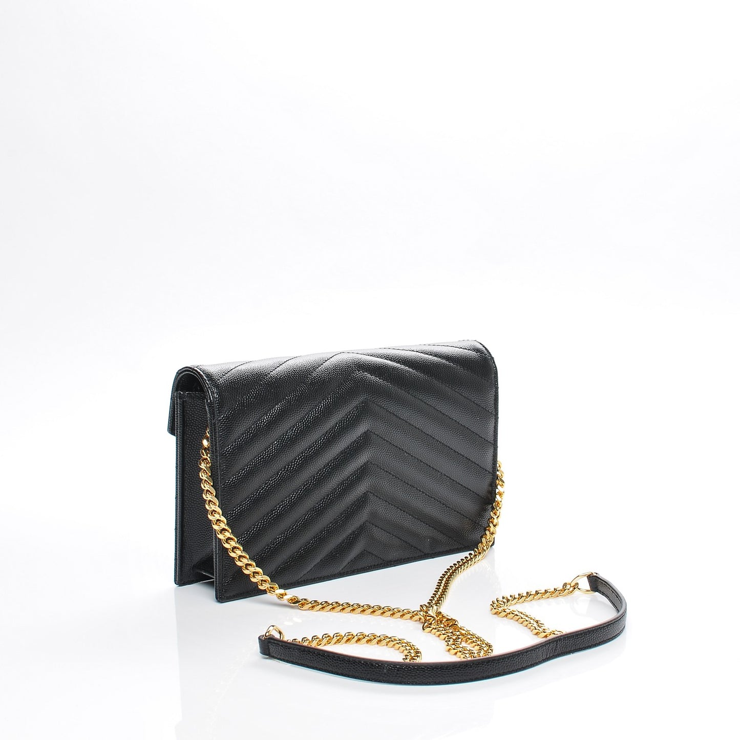 Grain De Poudre Matelasse Chevron Monogram Envelope Chain Wallet Black