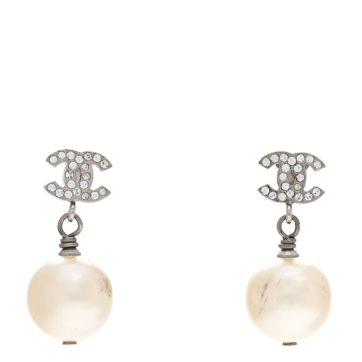 Crystal Pearl CC Drop Earrings Silver Pearly White