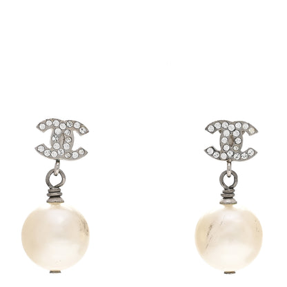 Chanel Crystal Pearl CC Drop Earrings Silver Pearly White 1 of 4