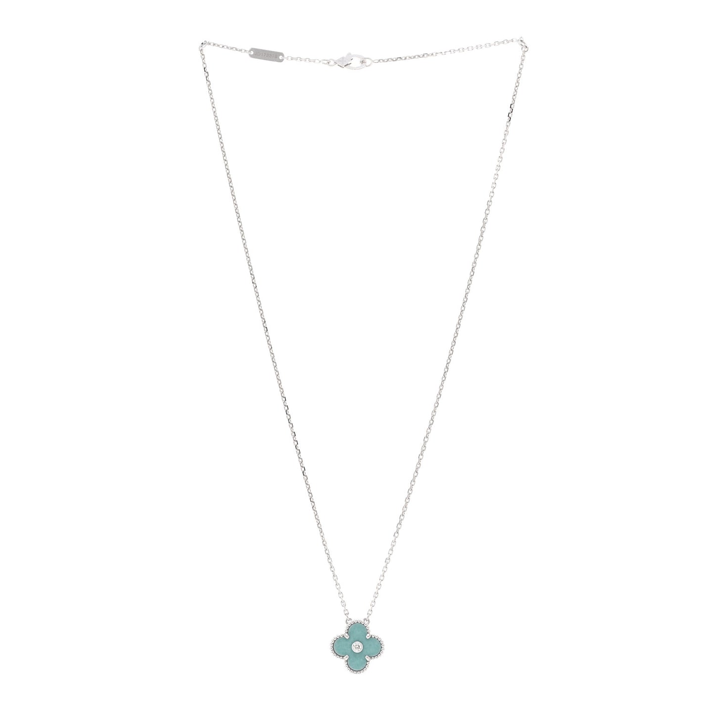 18K White Gold Diamond Celadon Green Sevres Porcelain Vintage Alhambra Pendant Necklace