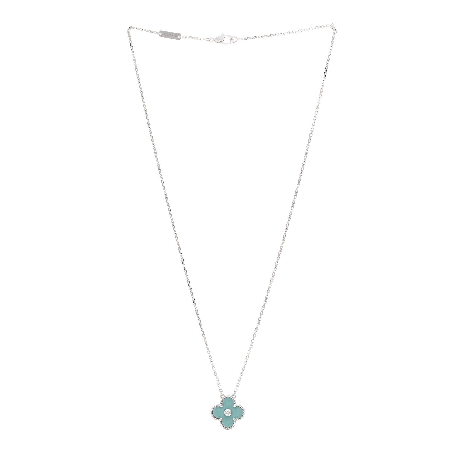 Van Cleef & Arpels 18K White Gold Diamond Celadon Green Sevres Porcelain Vintage Alhambra Pendant Necklace 3 of 5