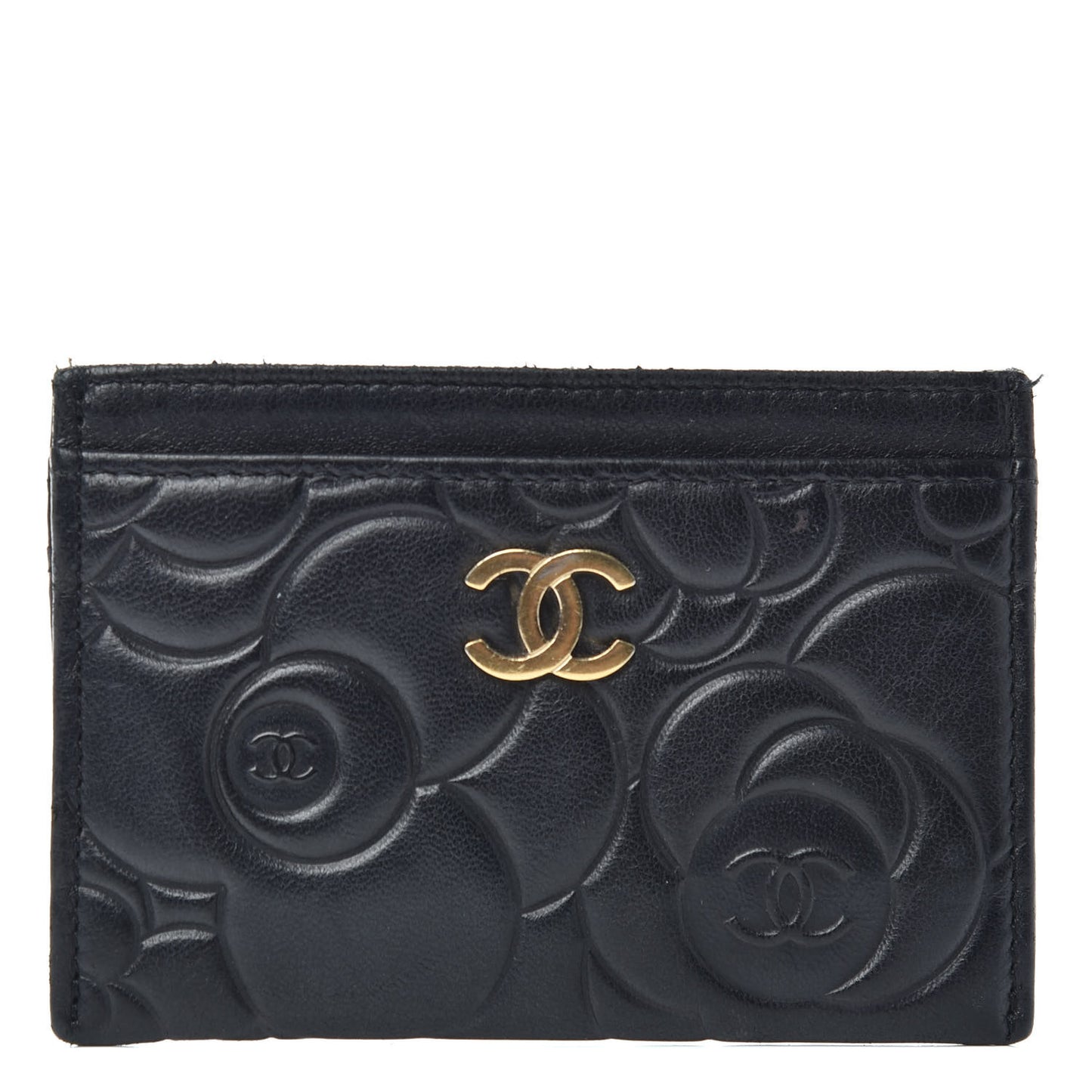 Lambskin Camellia Embossed Card Holder Black