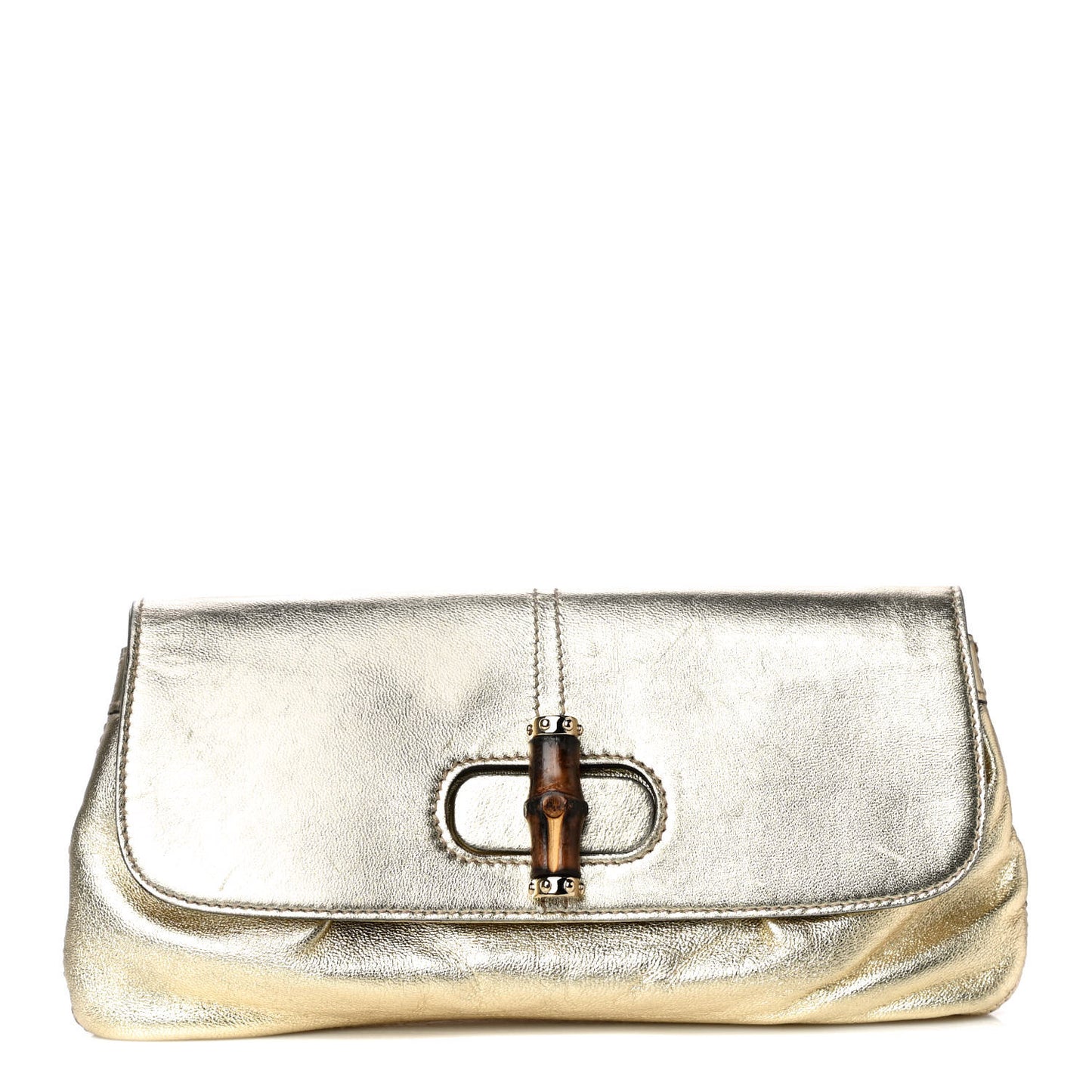 Metallic Calfskin Satin Bamboo Clutch Argento
