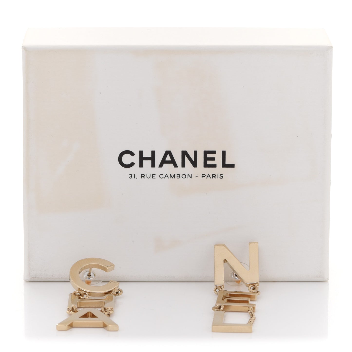 Metal Cha-Nel Logo Drop Earrings Gold